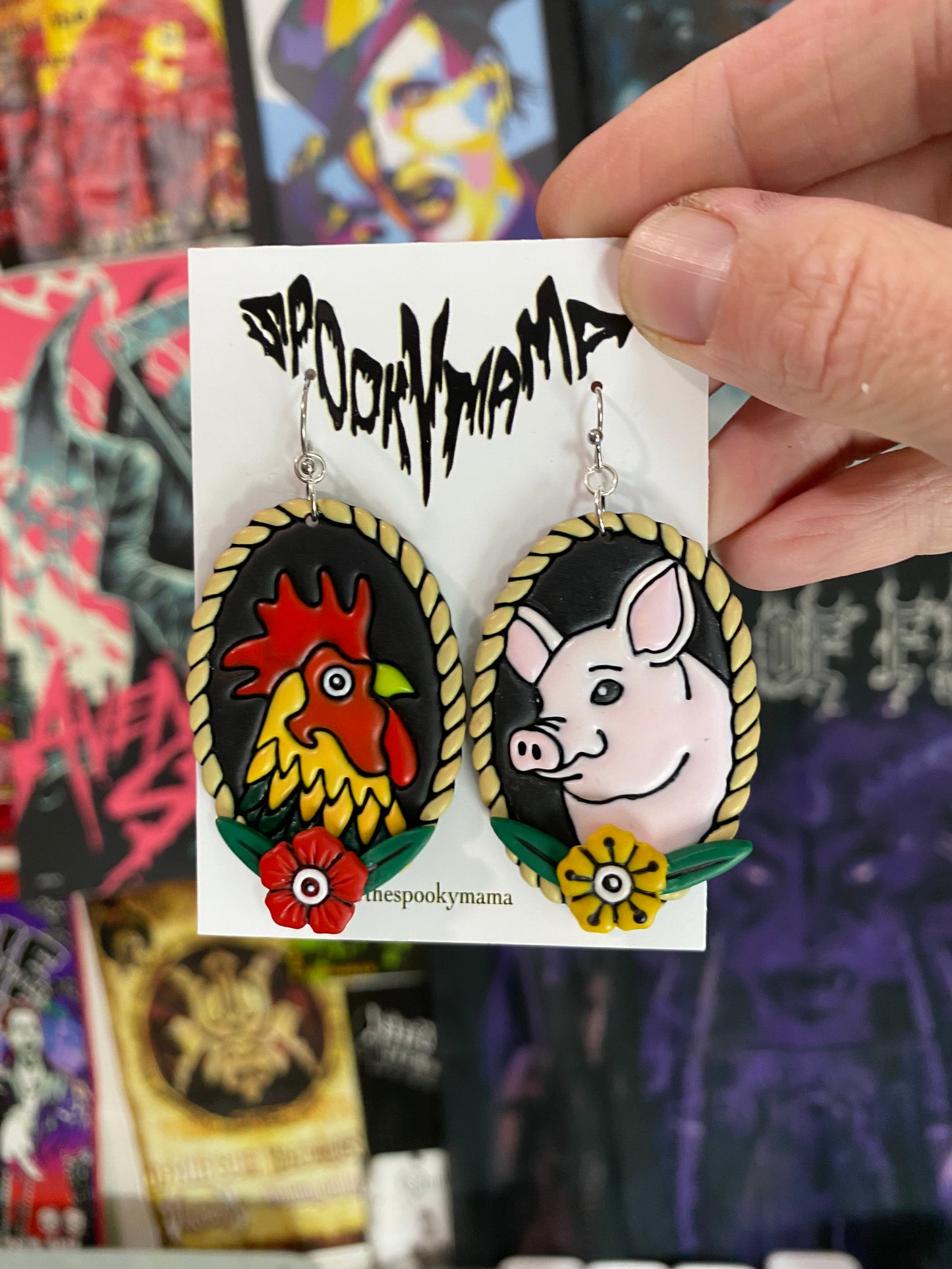 Pig & Rooster Tattoo Earrings