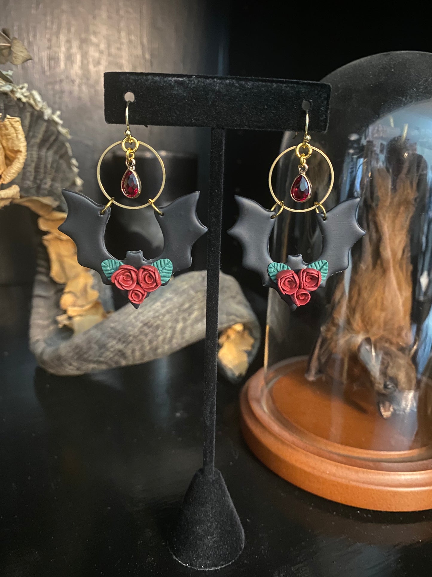 Red Rose Bouquet Bat Earrings with Gem