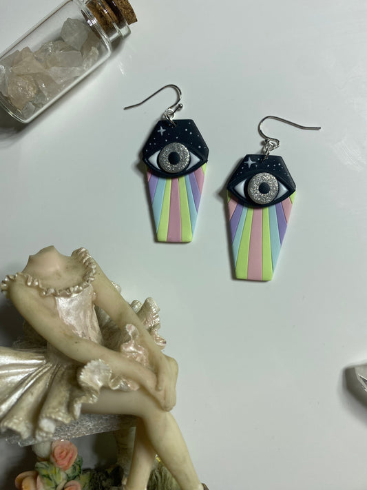 Rainbow Eye Coffin Earrings
