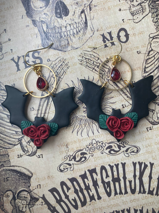 Red Rose Bouquet Bat Earrings with Gem